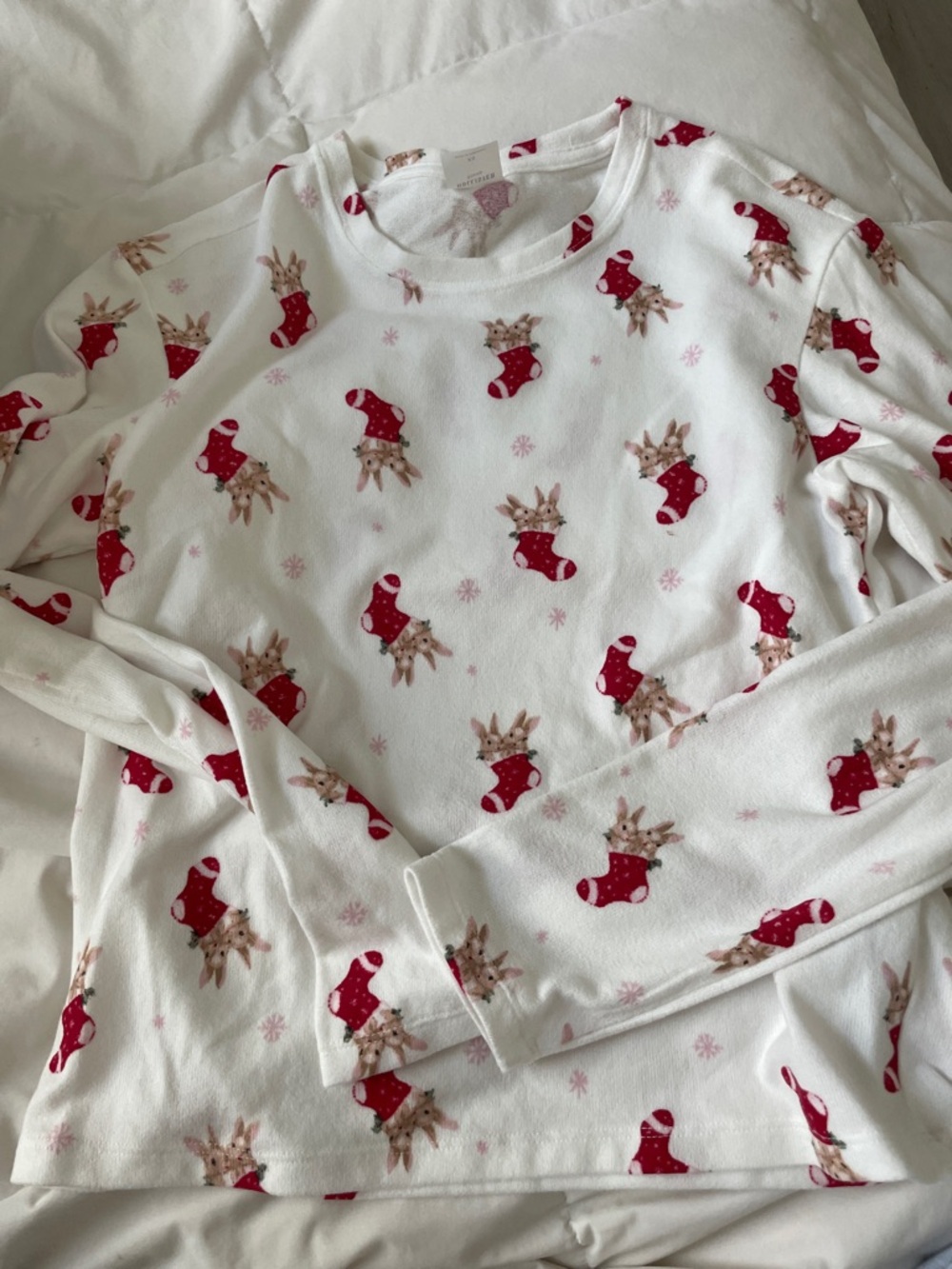 Hollister White Long Sleeve Tee with Red Holiday Stocking & Reindeer Print